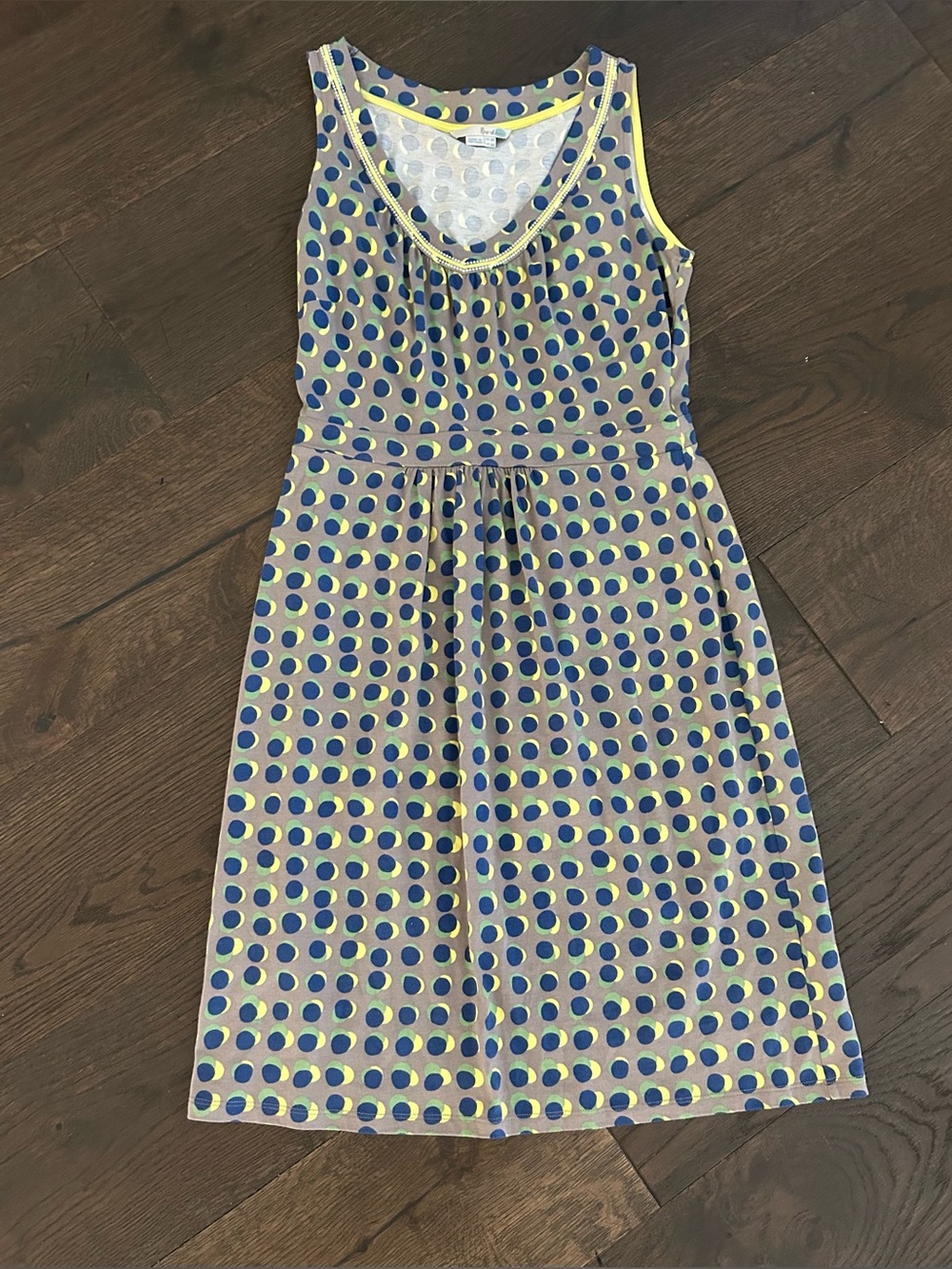 Boden Sleeveless Midi Dress in Blue and Yellow Polka Dot Size 4